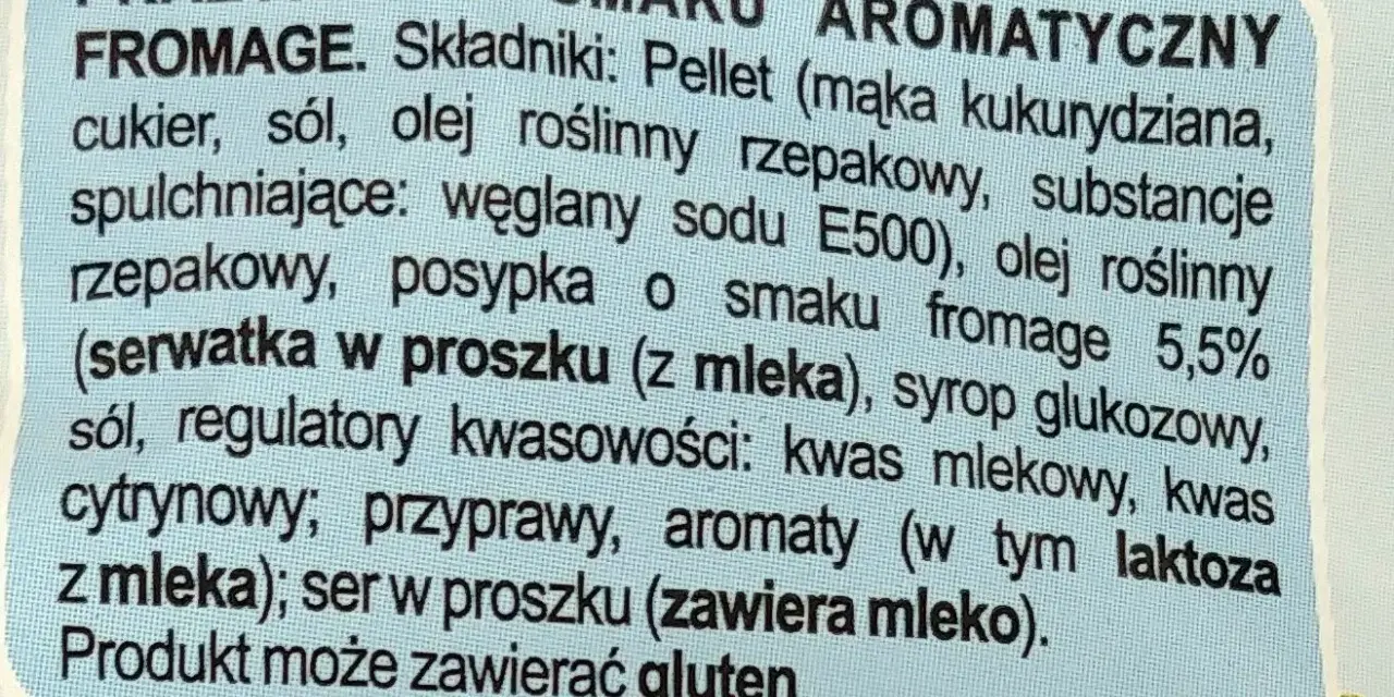 Prażynki o aromatycznym smaku fromage, idealne na przekąskę. Składniki: pellet kukurydziany, cukier, sól, olej rzepakowy, serwatka, syrop glukozowy, przyprawy.