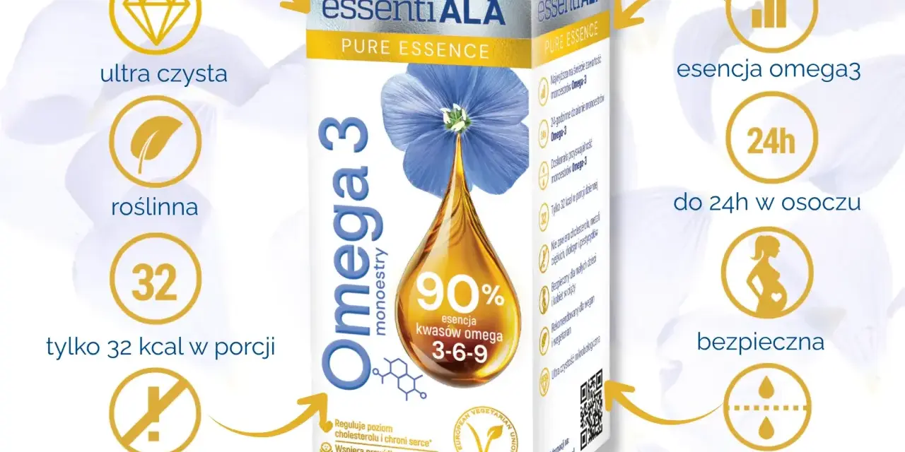 Suplement diety essentiaALA Omega-3 monoestry, z 90% esencją kwasów omega 3-6-9, ultra czysty, roślinny, bez konserwantów, biodostępny, bezpieczny dla kobiet w ciąży i dzieci.