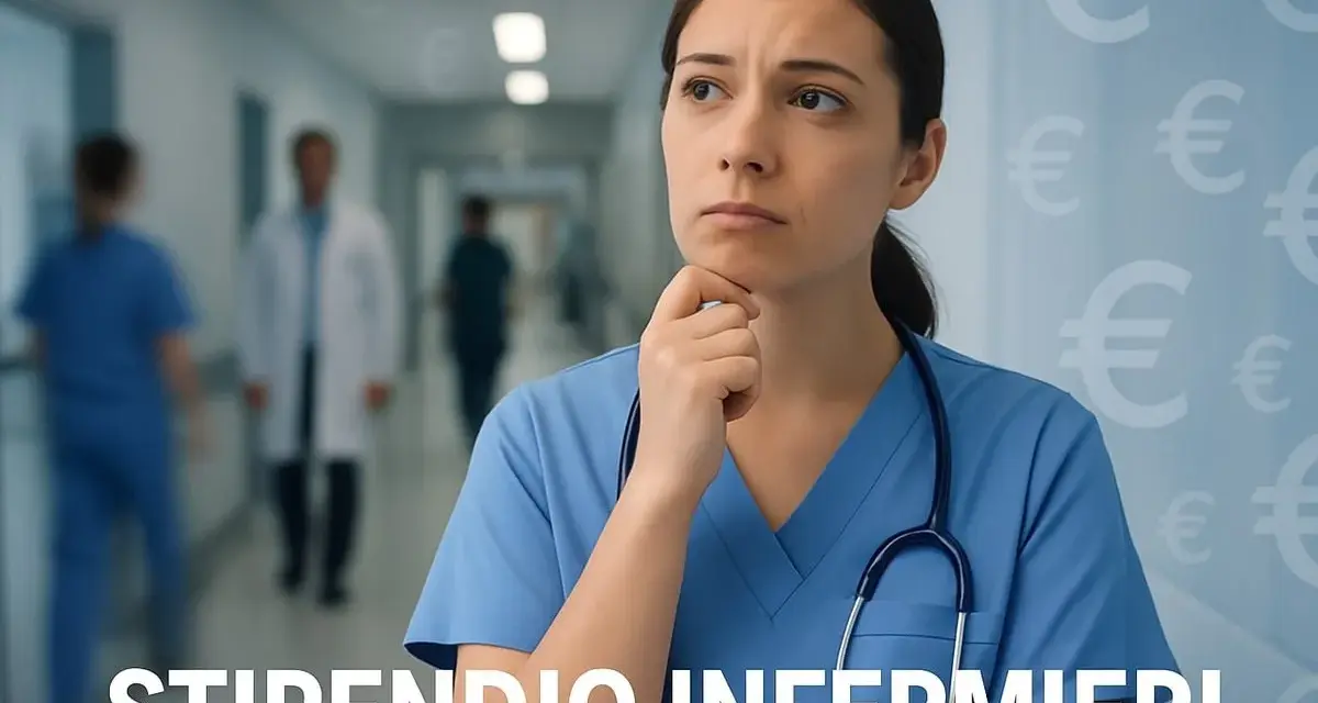 Un'infermiera pensierosa riflette sul suo stipendio, con simboli dell'euro sullo sfondo.