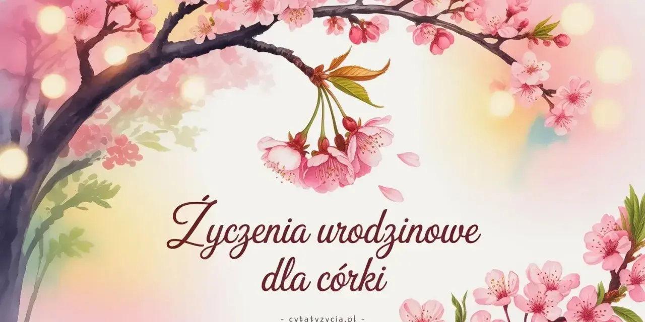 Kwiaty wiśni i delikatne światła tworzą tło dla wyjątkowych życzeń urodzinowych dla córki.