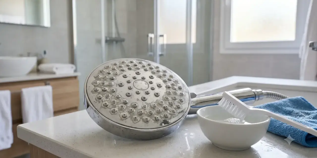 Limpieza de alcachofa de ducha con cal. Cepillo, bol con agua y paño azul listos para ayudarte a como quitar la cal de la alcachofa de la ducha.