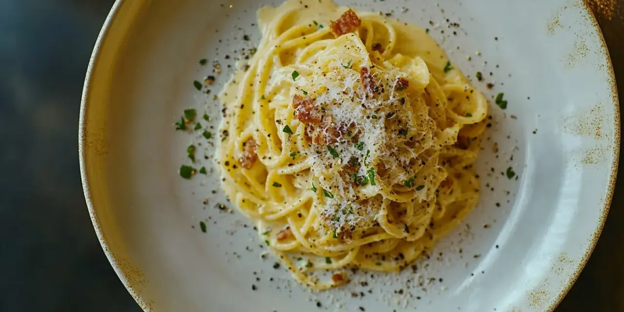 Ein Teller cremiger Spaghetti Carbonara, bestreut mit Pecorino, schwarzem Pfeffer und knusprigen Speckwürfeln.