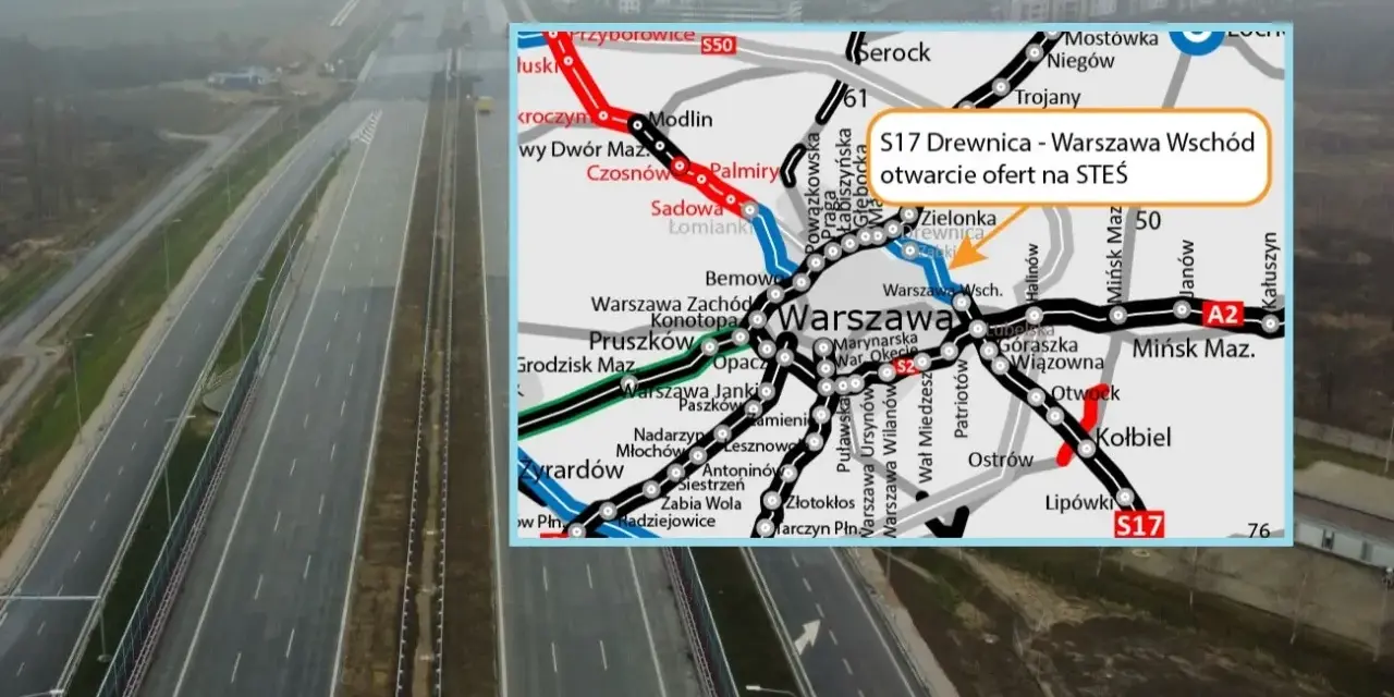 Droga S17, wschodnia obwodnica Warszawy, w budowie. Mapa pokazuje trasę S17 Drewnica - Warszawa Wschód.