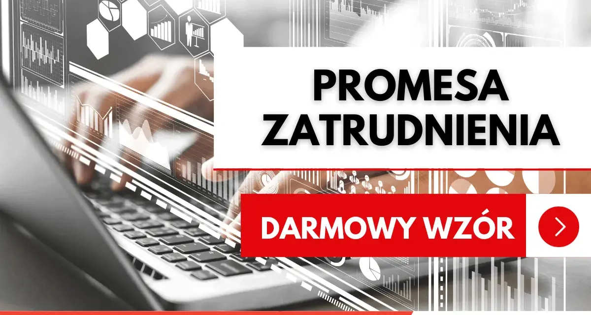 Ręce nad klawiaturą laptopa, nad nimi grafiki z danymi. Na białym tle napis "PROMESA ZATRUDNIENIA" i "DARMOWY WZÓR".