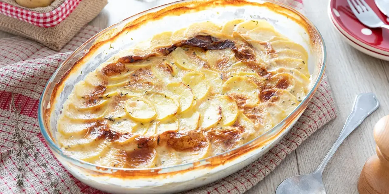 Un gratin dauphinois doré et crémeux, digne d'une recette de Cyril Lignac, prêt à être dégusté.