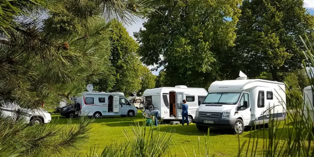 Kilka kamperów zaparkowanych na zielonym trawniku, w otoczeniu drzew. Idealne miejsce na wakacje w kamper park.
