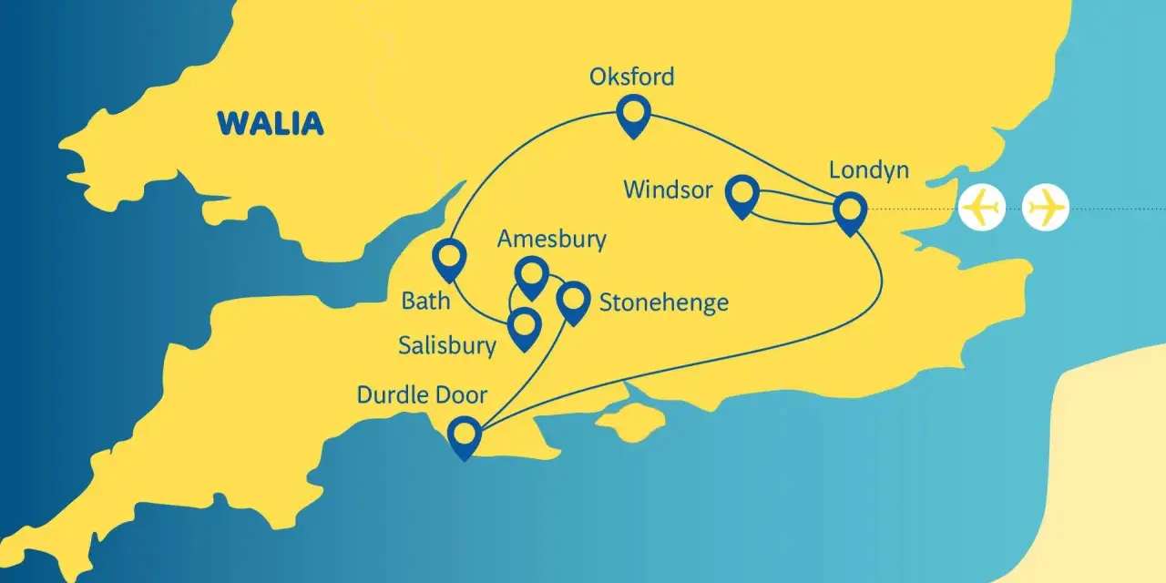 Mapa Wielkiej Brytanii z zaznaczonymi atrakcjami: Londyn, Windsor, Oksford, Bath, Salisbury, Stonehenge, Amesbury, Durdle Door.