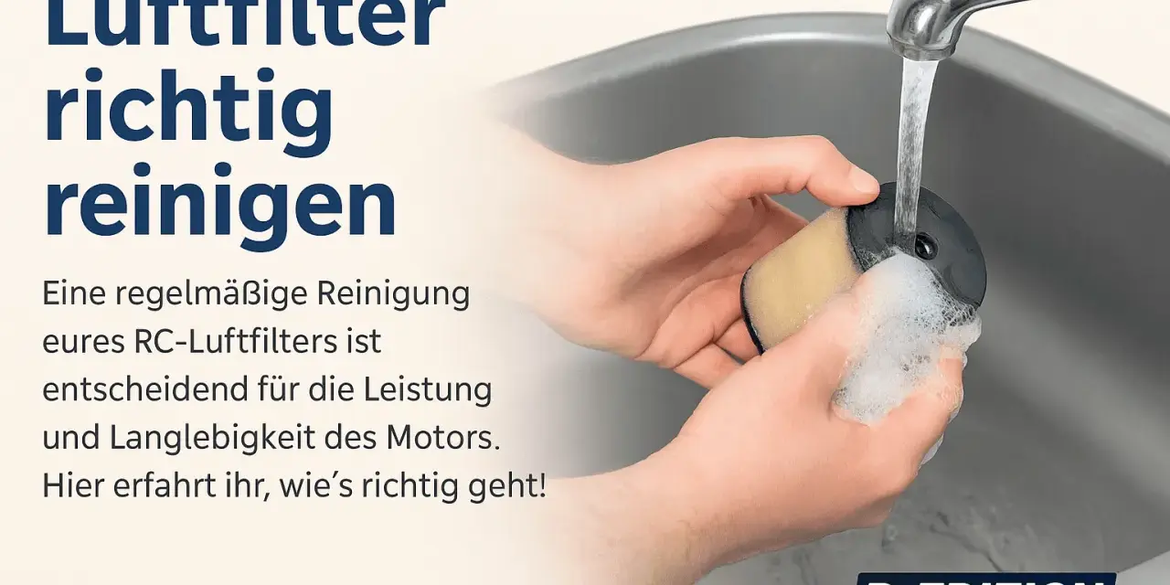 Hände reinigen einen RC-Luftfilter unter fließendem Wasser. Regelmäßiges Luftfilter reinigen sichert Motorleistung und Langlebigkeit.