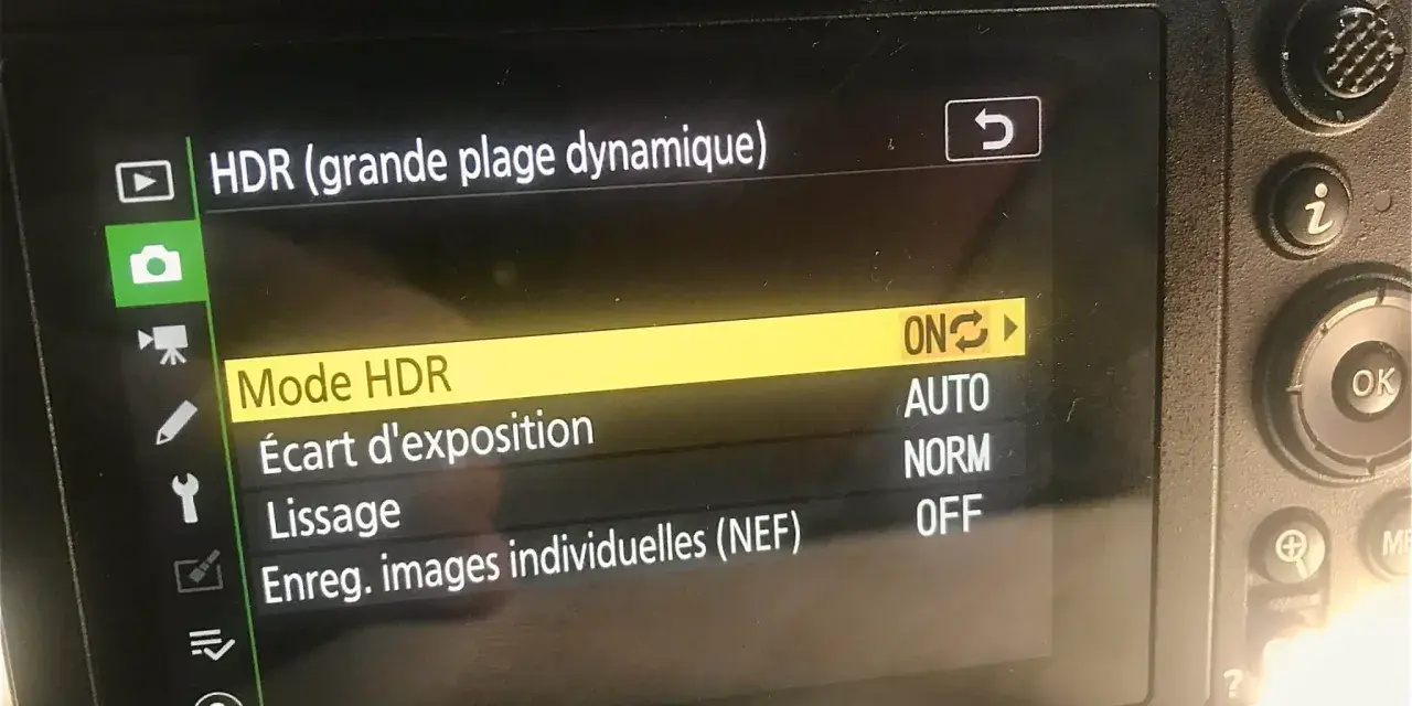Menu d'un appareil photo Nikon affichant les options HDR pour une meilleure gestion de l'éclairage.