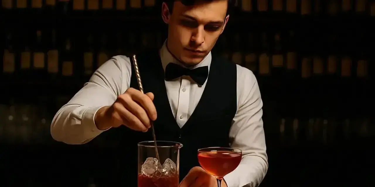 Elegancki barman w kamizelce i muszce miesza drinka z lodem w szklanicy. Obok stoi gotowy koktajl.