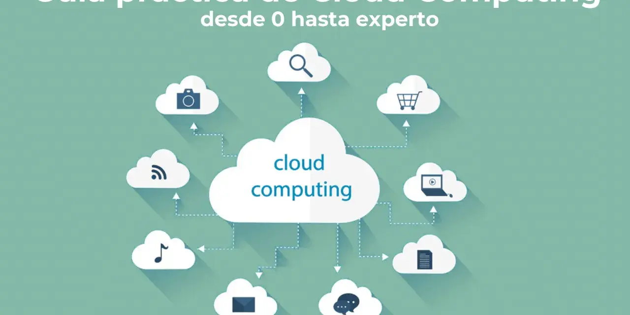 Diagrama que explica que es el cloud computing, con una nube central conectada a otras nubes con iconos de cámara, carrito, portátil, documento, chat, música y wifi.