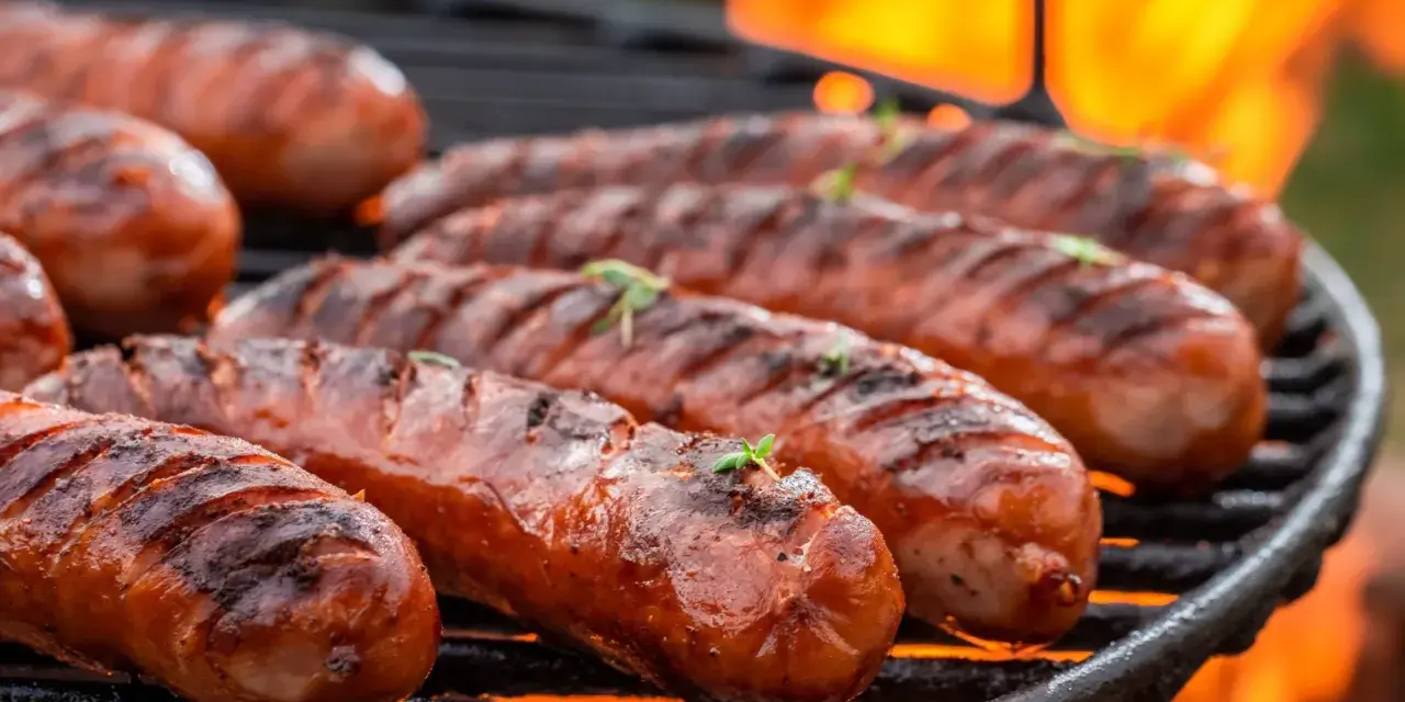 Kiełbaski śląskie grillowane na ruszcie z płomieniami w tle.
