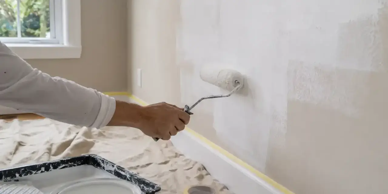 Application d'une sous-couche blanche au rouleau. Le temps de séchage est crucial avant la couche de finition.