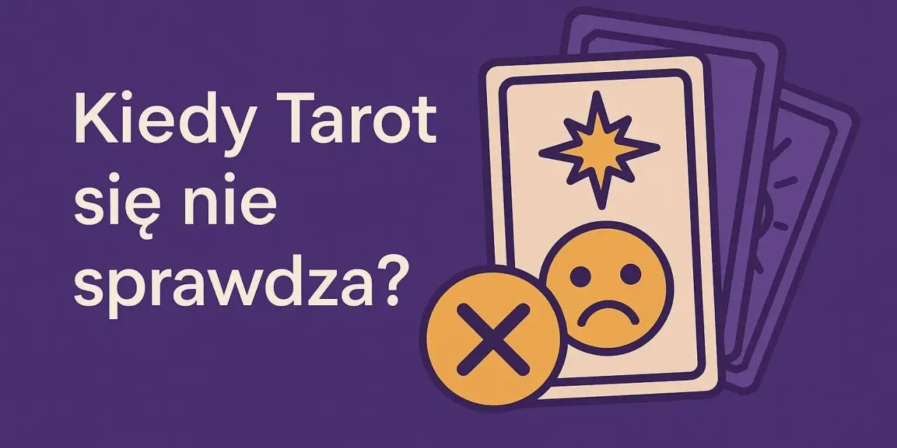 Kiedy tarot dziala, a kiedy nie? Ilustracja z kartami i smutną buźką symbolizuje momenty, gdy wróżba nie przynosi pocieszenia.