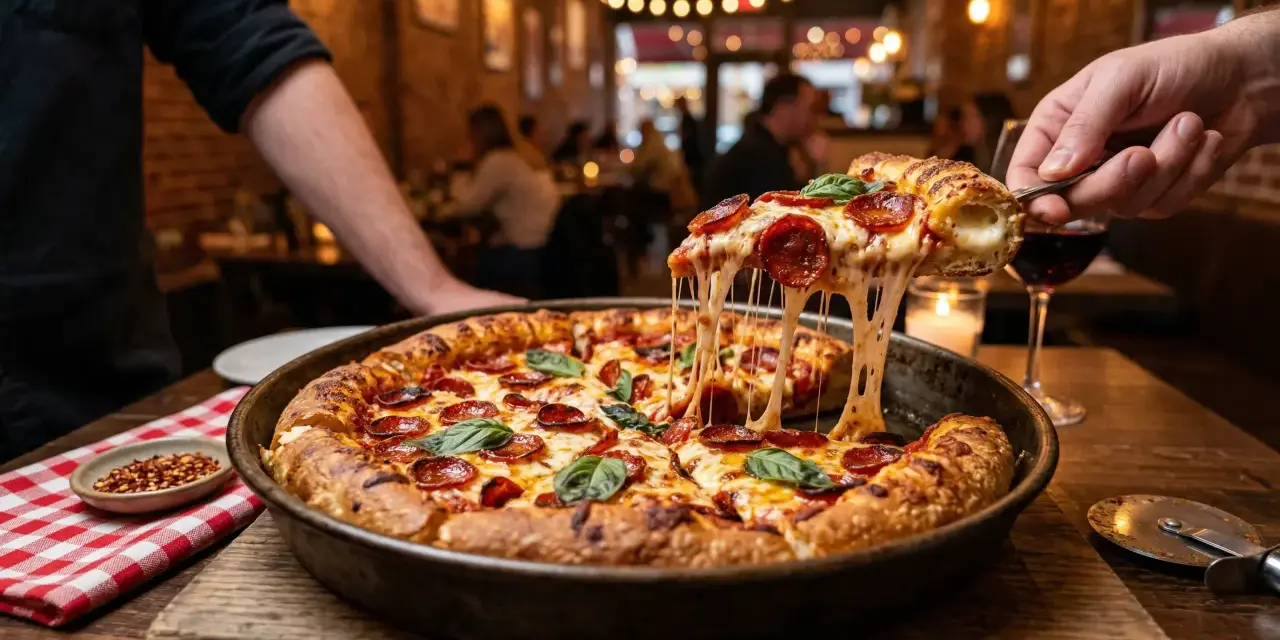 Gorąca pizza farmerska z ciągnącym się serem i pepperoni, serwowana w przytulnej restauracji. Idealna na wieczór w stylu Pizza Hut.