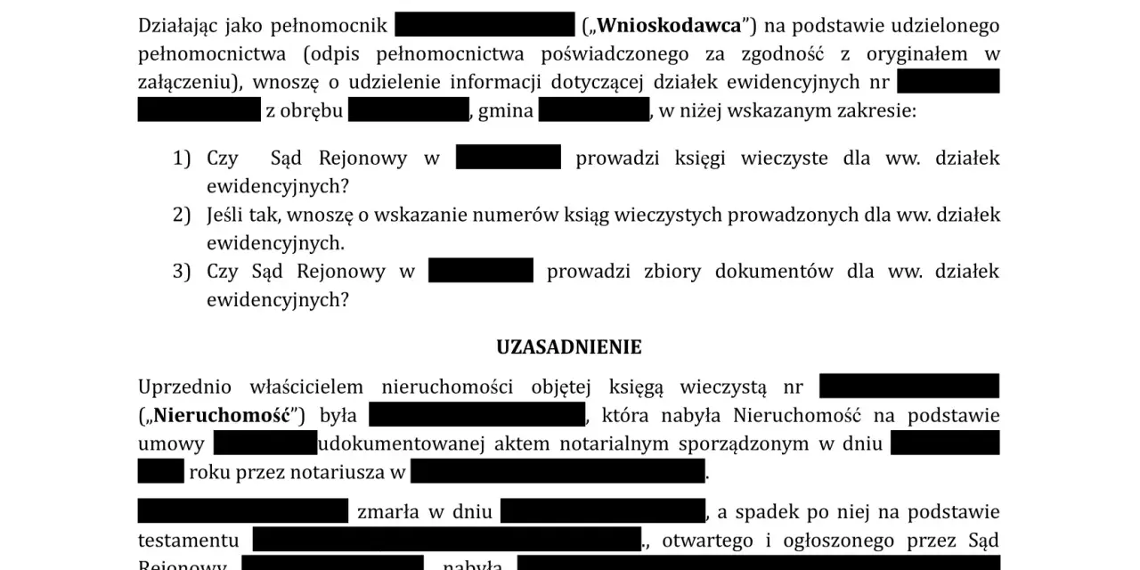 Wniosek o ujawnienie numerów ksiąg wieczystych dla działek ewidencyjnych. Pytanie, czy Sąd Rejonowy prowadzi księgi wieczyste dla ww. działek.