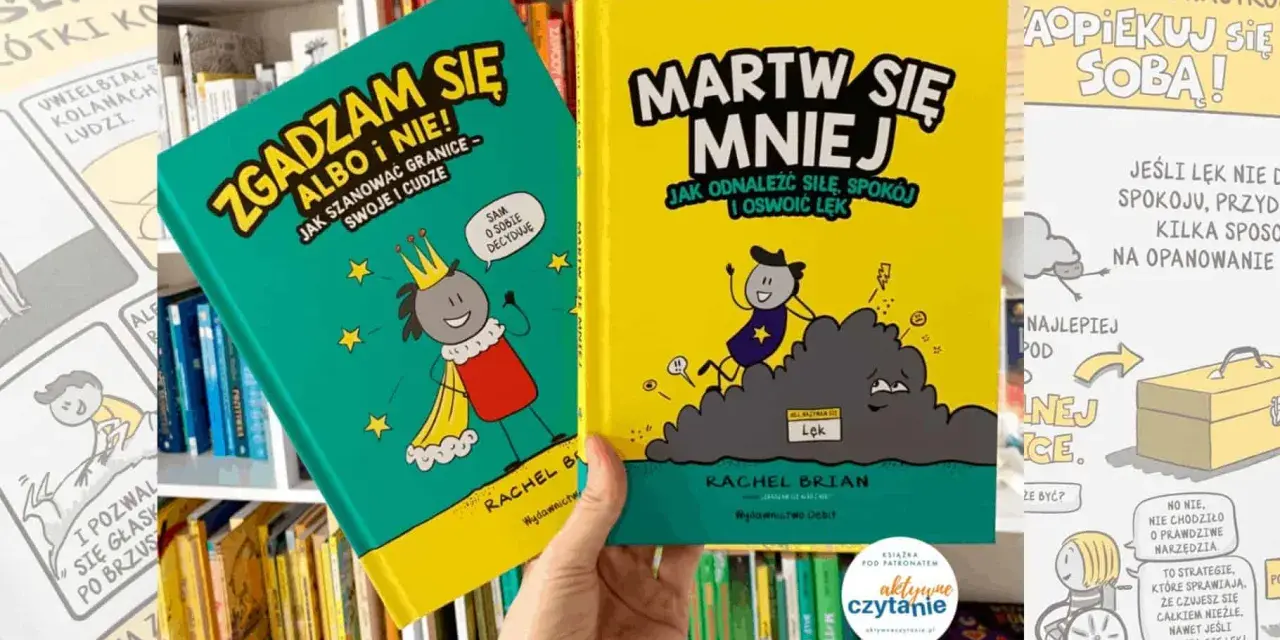 Dwie książki o emocjach: "Zgadzam się albo i nie!" i "Martw się mniej". Runa algiz symbolizuje ochronę i siłę.