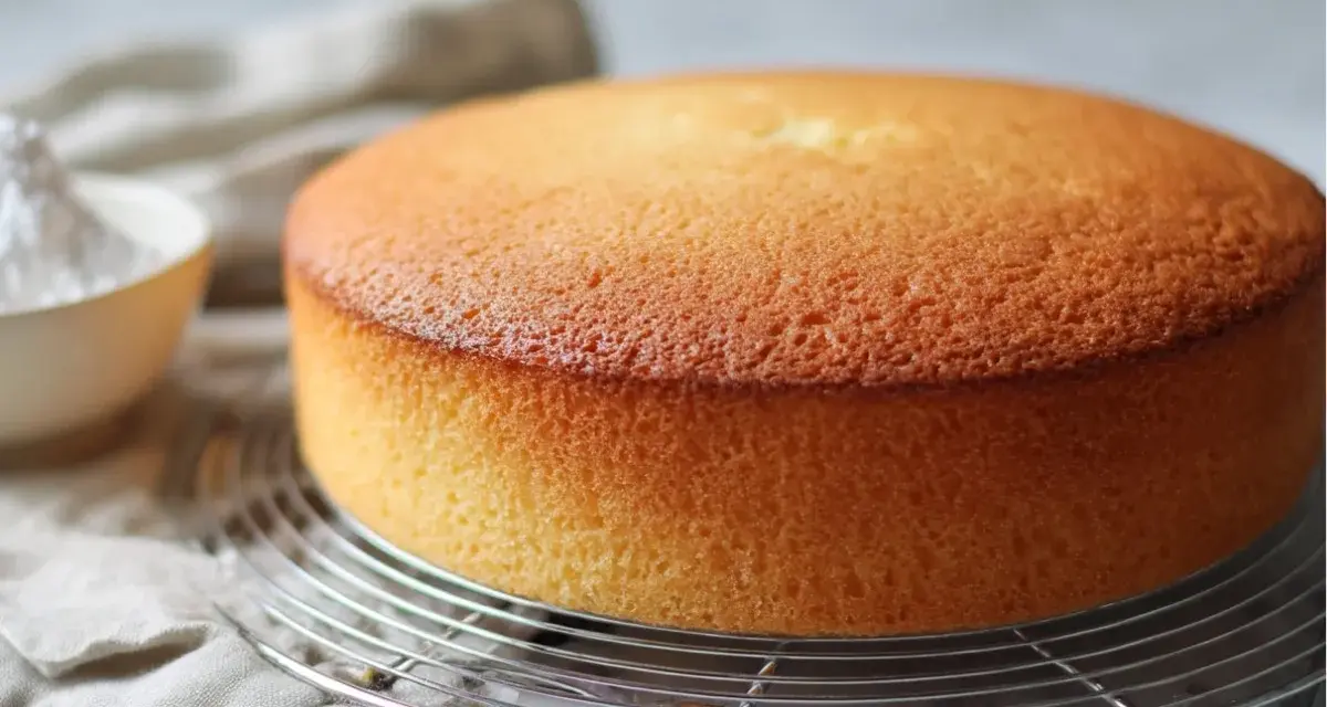 Un délicieux gâteau sans levure, doré et moelleux, refroidissant sur une grille. Une touche de sucre glace est visible dans un bol.
