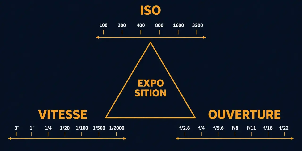 Triangle de l'exposition : ISO, Vitesse et Ouverture. Ce schéma aide à comprendre le mode P de votre appareil photo.