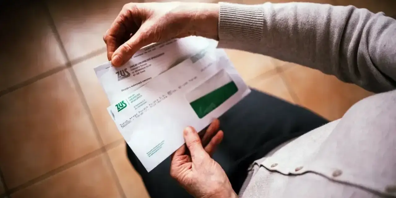 Dłonie trzymają kopertę ZUS. W środku dokumenty dotyczące 13 emerytury netto.