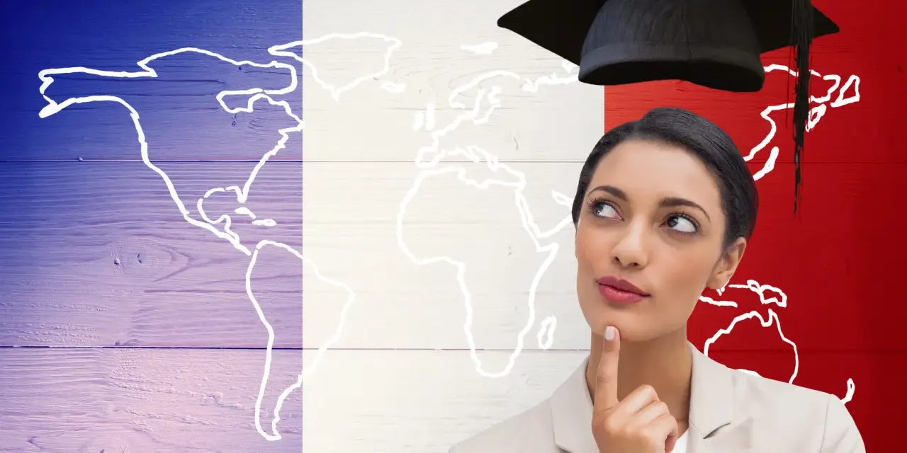Mujer con birrete de graduación, pensando en su futuro, quizás preparándose para el delf exam, sobre un fondo con el mapa del mundo y la bandera de Francia.