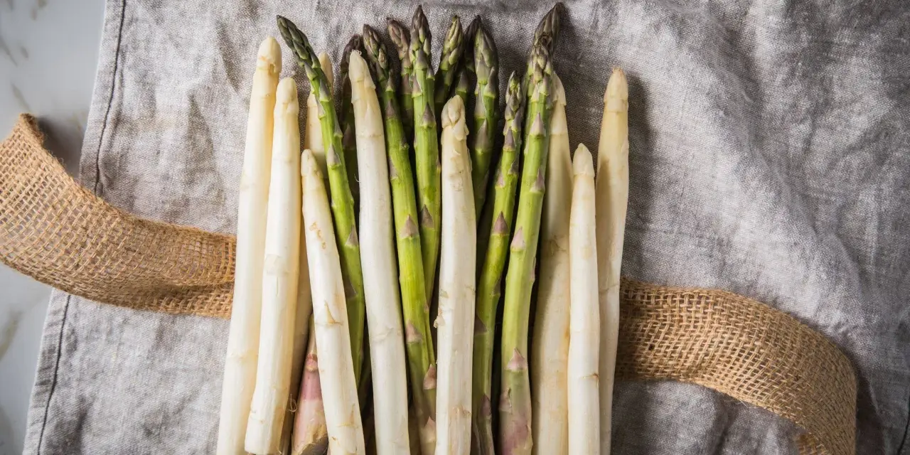Frischer weißer und grüner Spargel auf Leinentuch. Der Spargelgeschmack ist bald bereit, genossen zu werden.