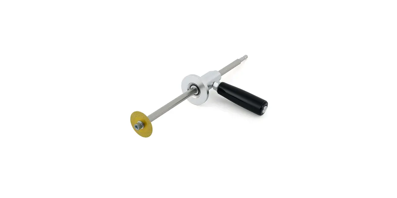 A tool designed for how to cut PVC pipe, featuring a rotating cutting wheel and a black handle for easy operation.