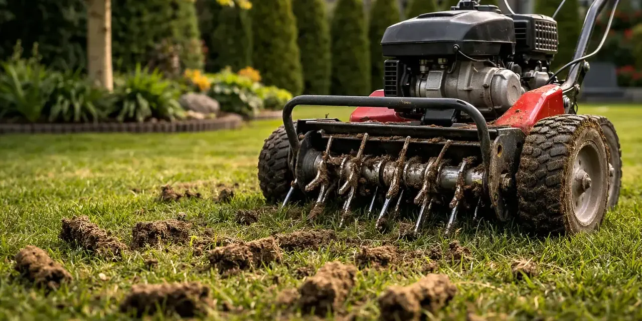 Właśnie trwa aeracja trawnika. Widoczna jest maszyna z obracającymi się kolcami, która usuwa z gleby darniowe wałeczki, poprawiając jej strukturę.
