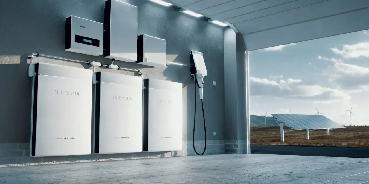 Nowoczesny magazyn energii do domu: panele słoneczne, turbiny wiatrowe i systemy akumulatorów litowo-jonowych zapewniające zrównoważone zasilanie.