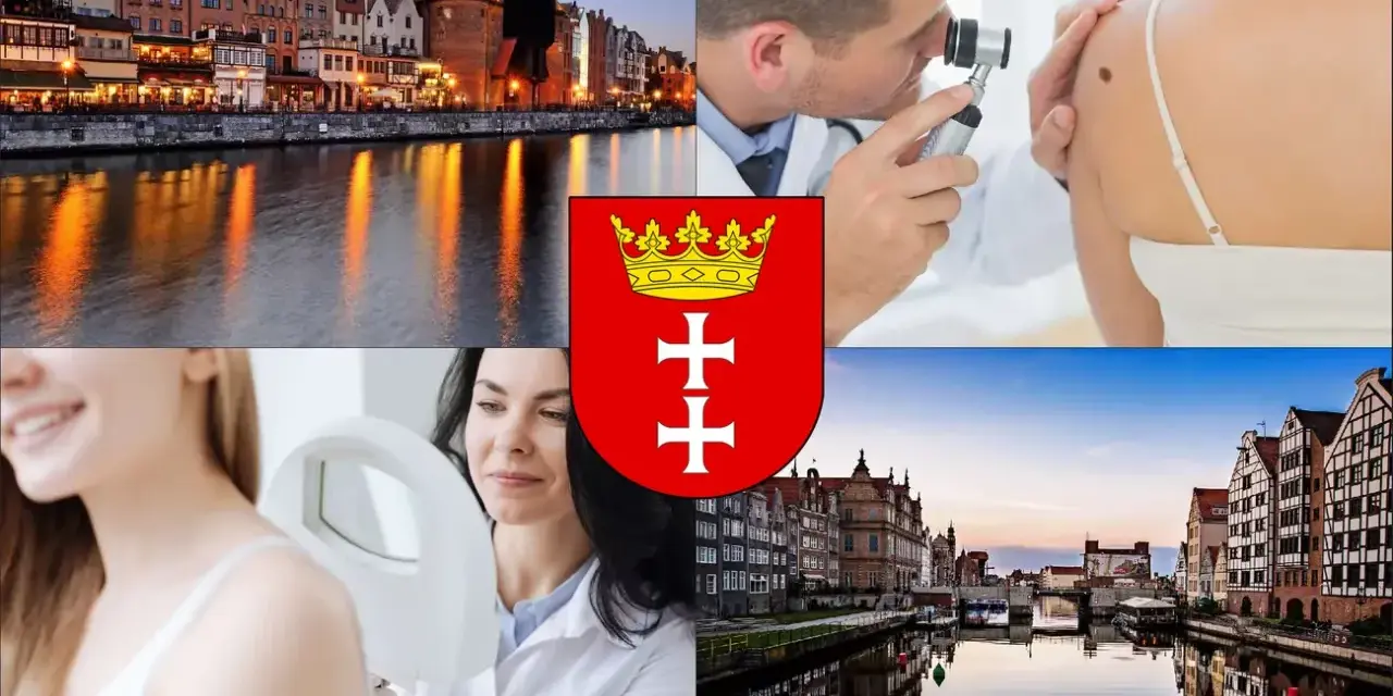 Gdański krajobraz, dermatolodzy badający znamiona, herb miasta.