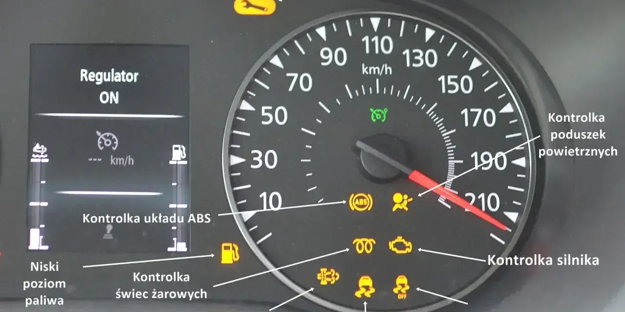 Migajaca kontrolka świec żarowych na desce rozdzielczej, obok wskaźnika prędkości i innych kontrolek.
