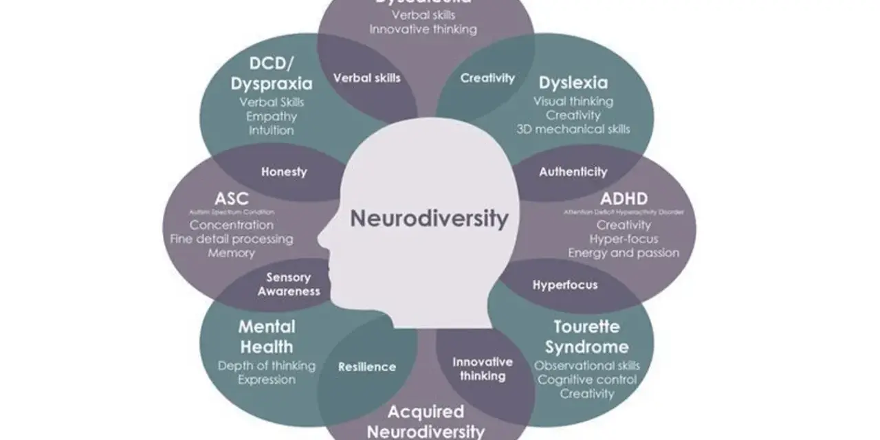 Schemat "Neurodiversity" ukazuje różne aspekty, w tym sensoryka, ADHD, dysleksję i inne.