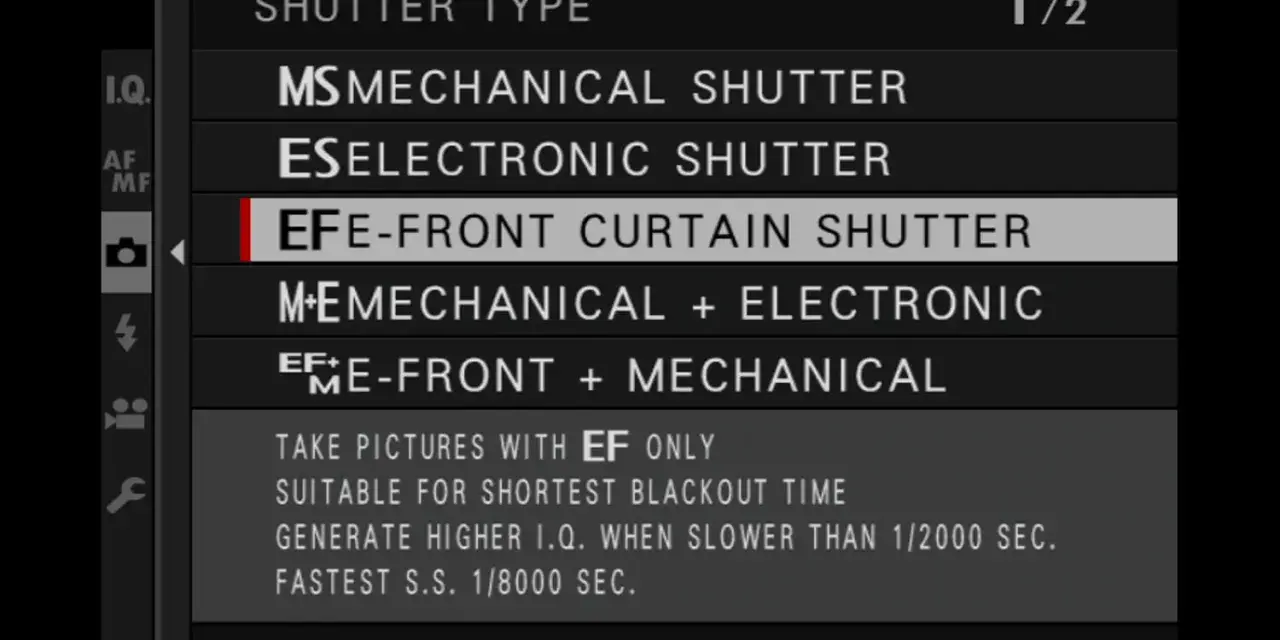 Menu aparatu: wybór migawki. Podświetlona opcja "EF-FRONT CURTAIN SHUTTER" - migawka elektroniczna z przednią kurtyną.