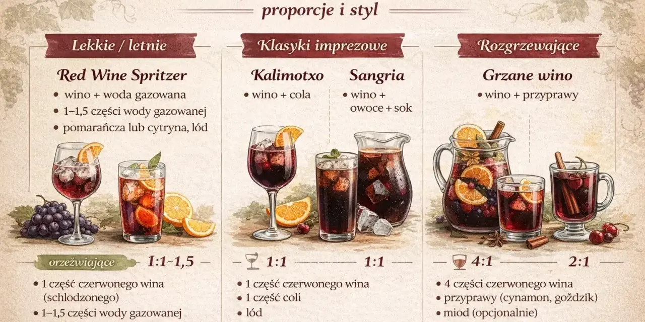 Przepisy na drinki z czerwonym winem: Red Wine Spritzer, Kalimotxo, Sangria i Grzane wino. Idealne na każdą okazję.