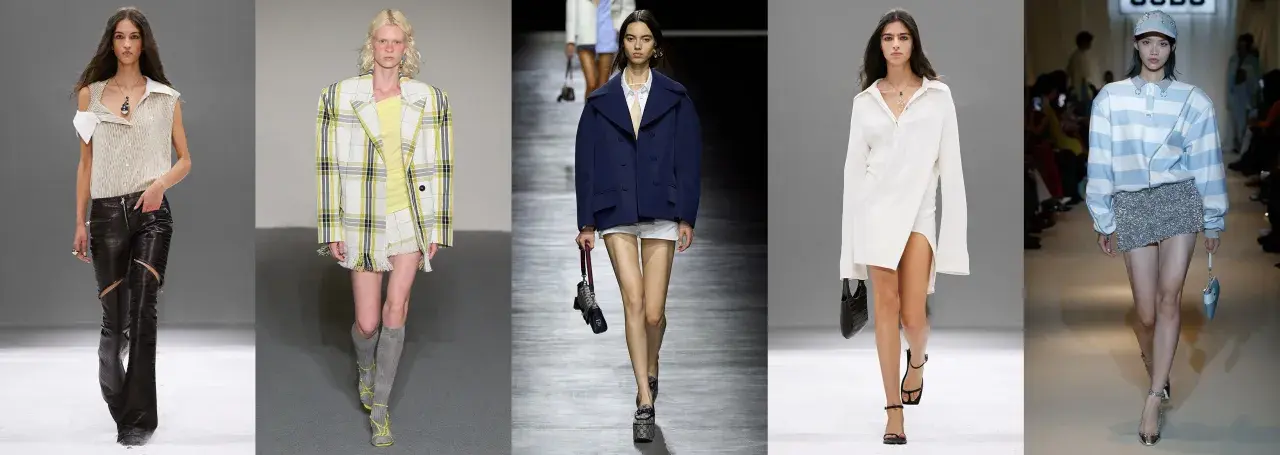 Modelli sfilano con look audaci: pelle strappata, blazer a quadri, abiti oversize e gonne scintillanti. Un'interpretazione moderna del preppy significato.