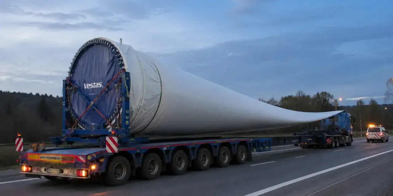 Ogromne łopaty wiatraka Vestas na specjalistycznej naczepie. Ten transport przesyłowy wymaga szczególnej ostrożności.