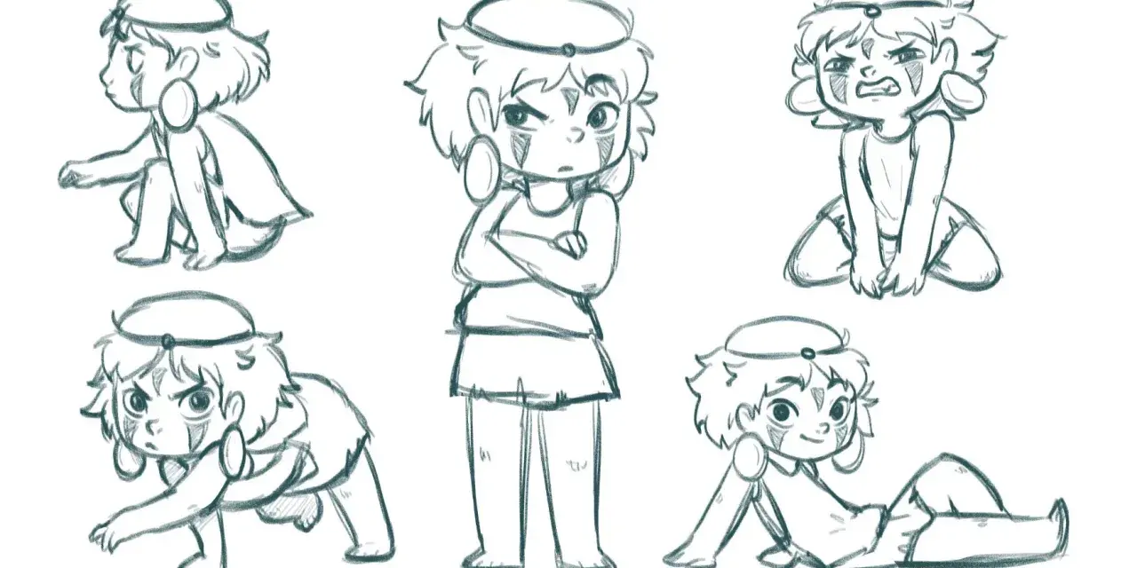 Croquis d'une jeune fille aux traits tribaux, explorant différentes poses pour trouver l'inspiration. Elle est tantôt accroupie, tantôt à quatre pattes, assise ou allongée, exprimant diverses émotions.