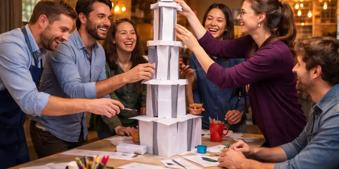 Une équipe s'amuse lors d'une activité séminaire entreprise, construisant une tour en papier. Collaboration et rires garantis !