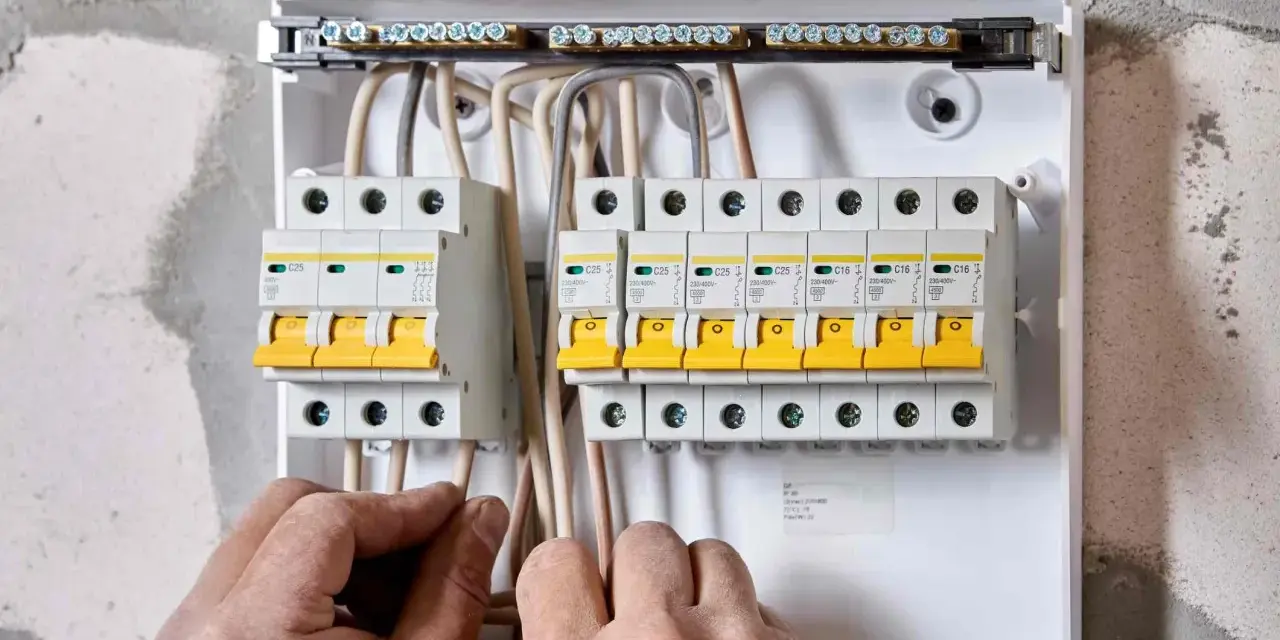 Ręce elektryka podłączają przewody do skrzynki z bezpiecznikami. Widać wlz, czyli rozdzielnicę z wyłącznikami nadprądowymi.
