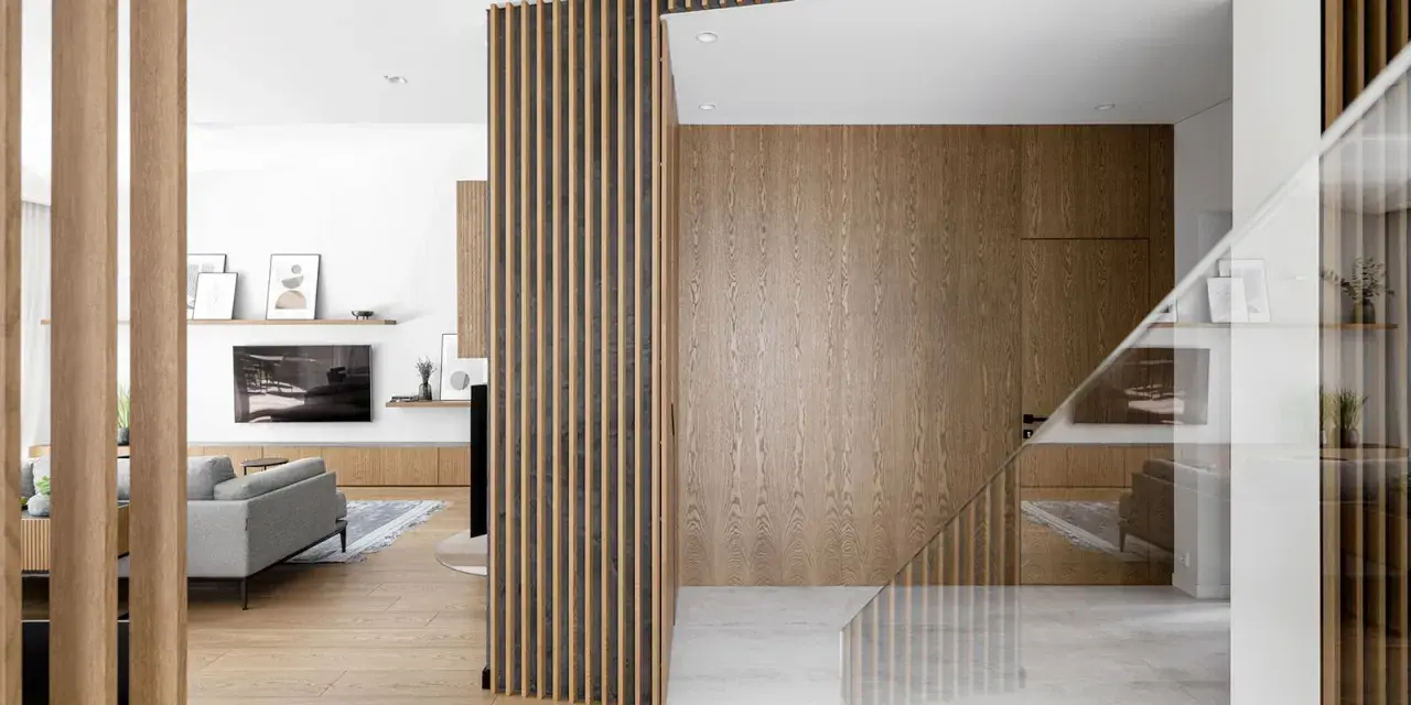 Interno di una casa stile nordico moderno, con pareti in legno, divisori a listelli e arredi minimalisti.