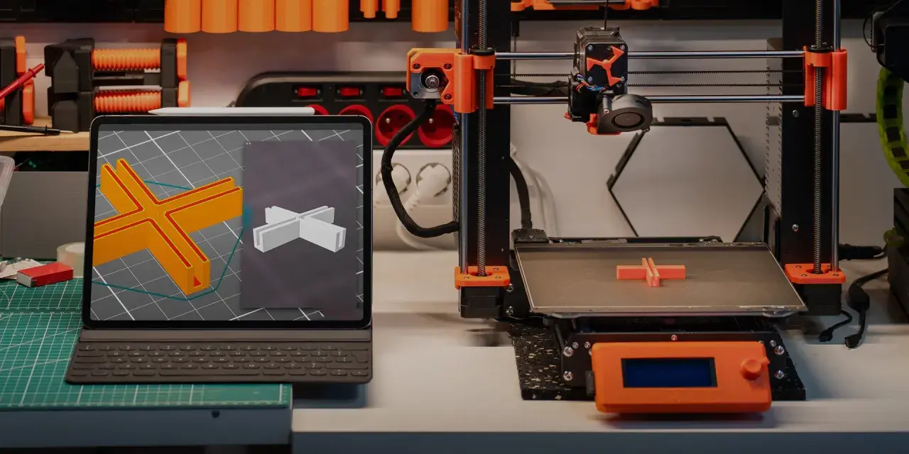 Drukarka 3D drukuje element, a na ekranie tabletu widać model. To ilustracja najczęstszych problemów z drukiem 3d.