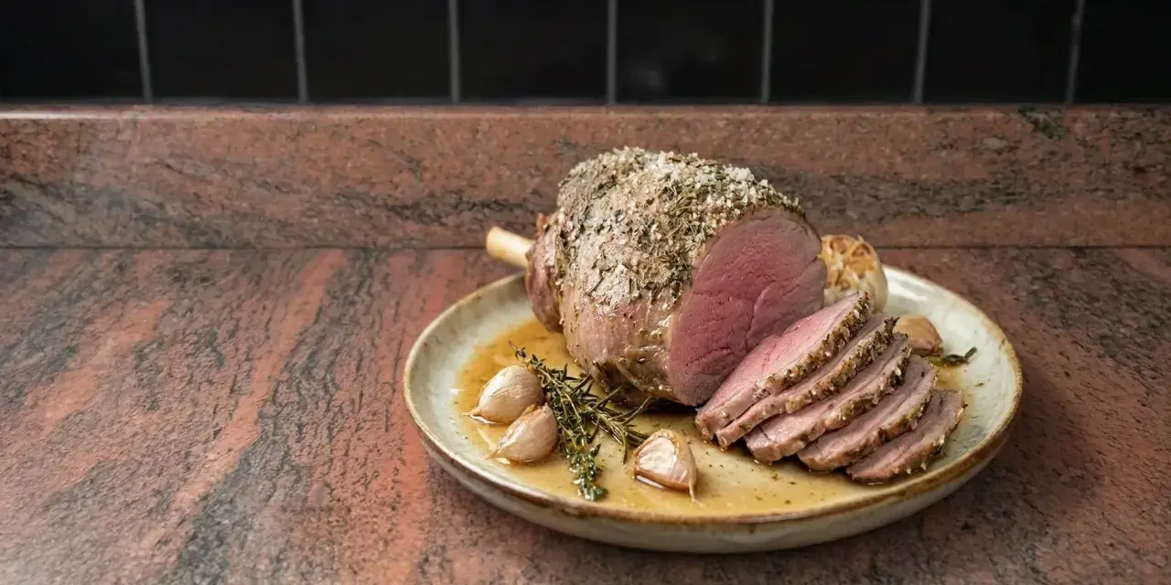 Rôti d'agneau sans os au four, tranché, avec ail et herbes. Le temps de cuisson parfait pour un plat savoureux.