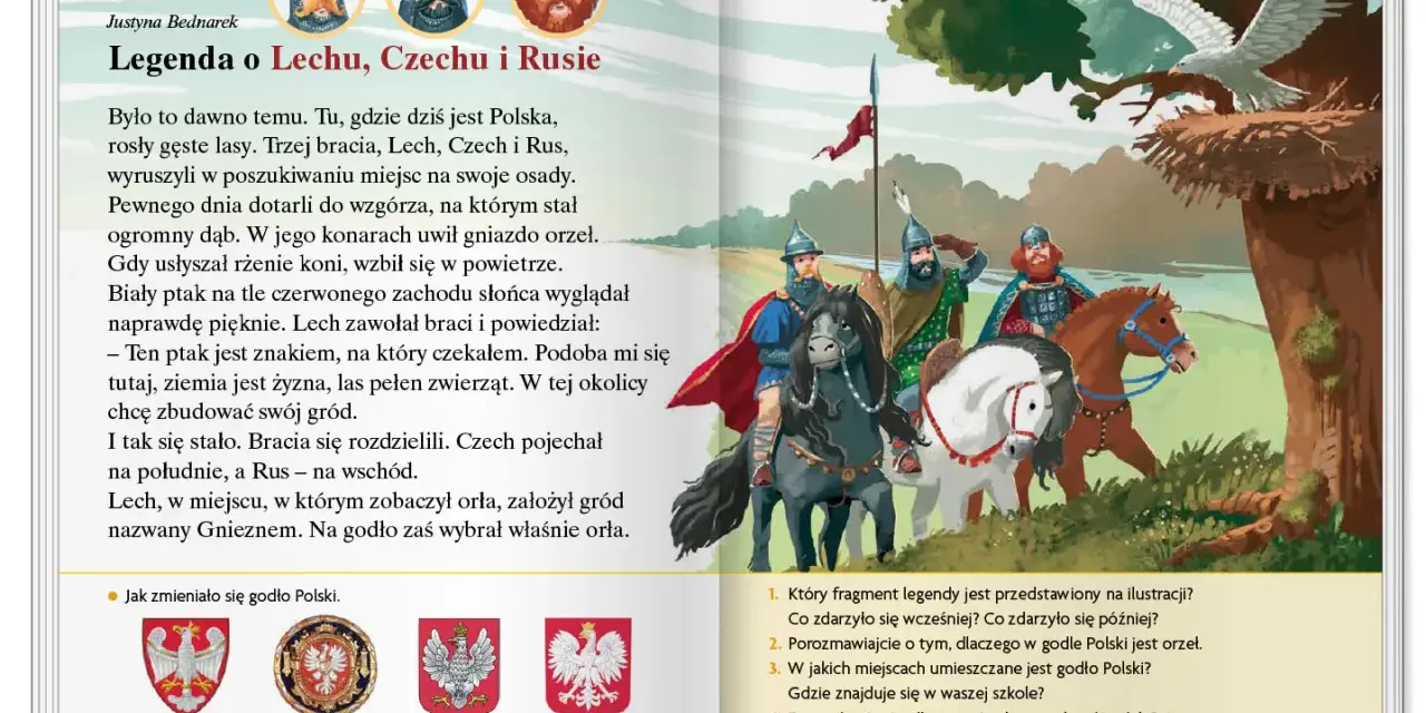 Ilustracja do baśni o Lechu, Czechu i Rusie. Trzej bracia na koniach podziwiają orła na drzewie.