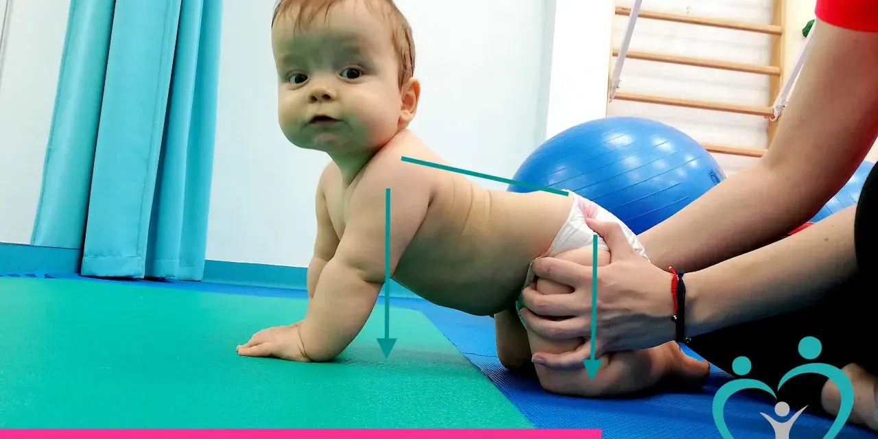 Niemowlę w pozycji czworaczej, z rękami opartymi na macie. Fizjoterapeuta delikatnie wspiera jego biodra.
