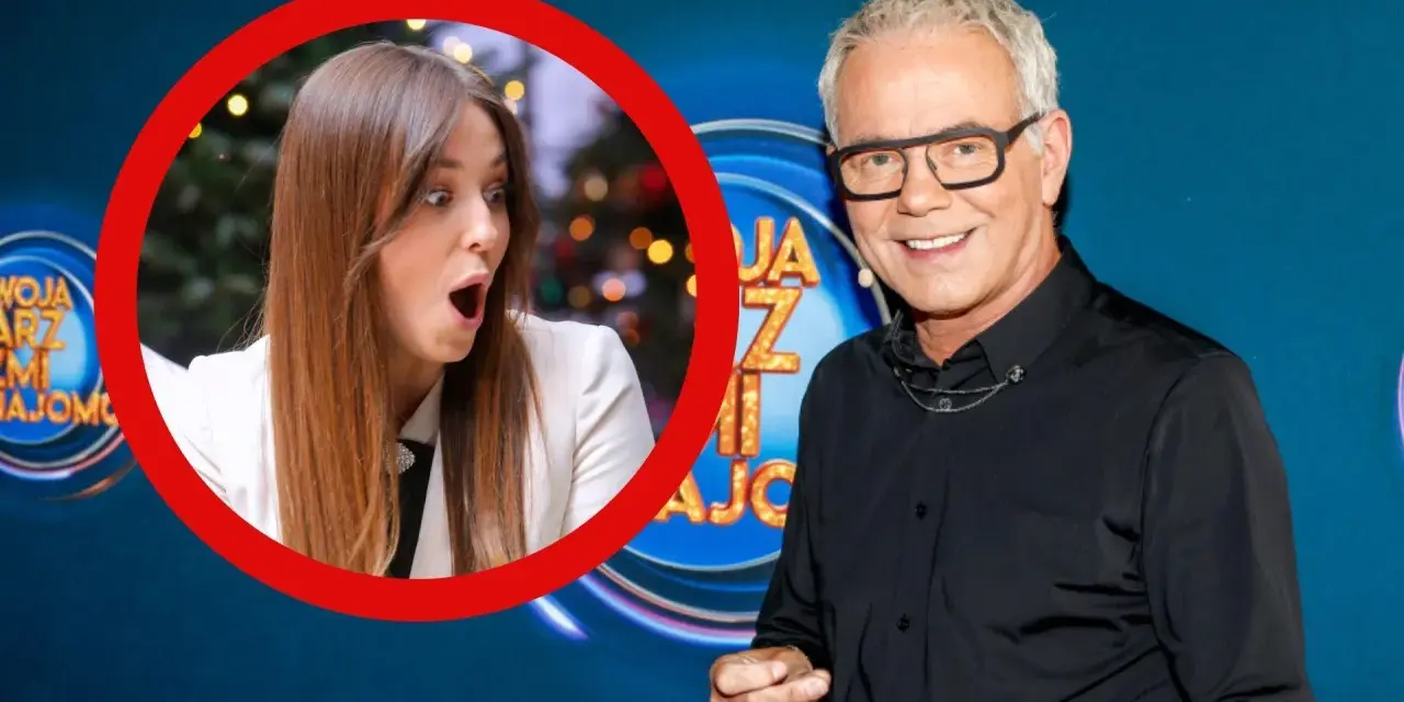 Zaskoczona uczestniczka programu "Jaka to melodia?" i uśmiechnięty prowadzący.