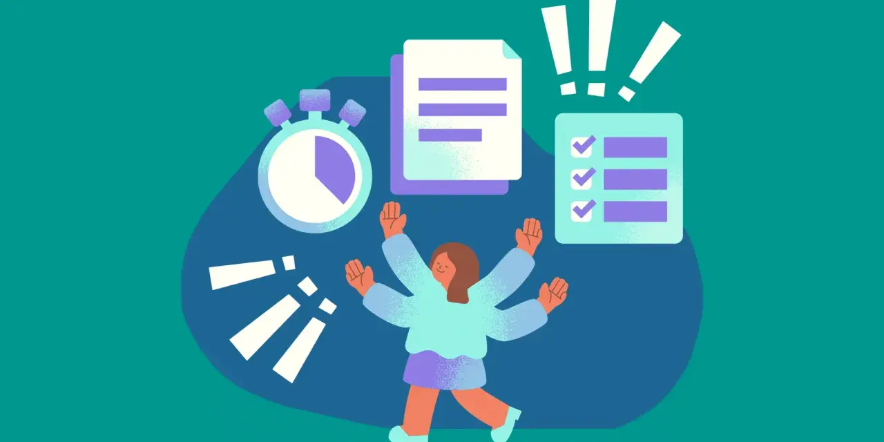 Persona con múltiples brazos, lista para optimizar el tiempo. Cronómetro, documentos y lista de tareas completadas sugieren eficiencia.