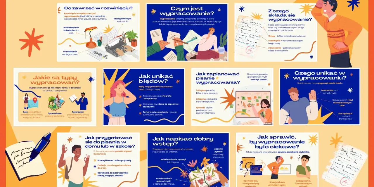 Ilustracja pokazuje, jak napisać wypracowanie, omawiając jego strukturę, typy, unikanie błędów i ciekawe pisanie.