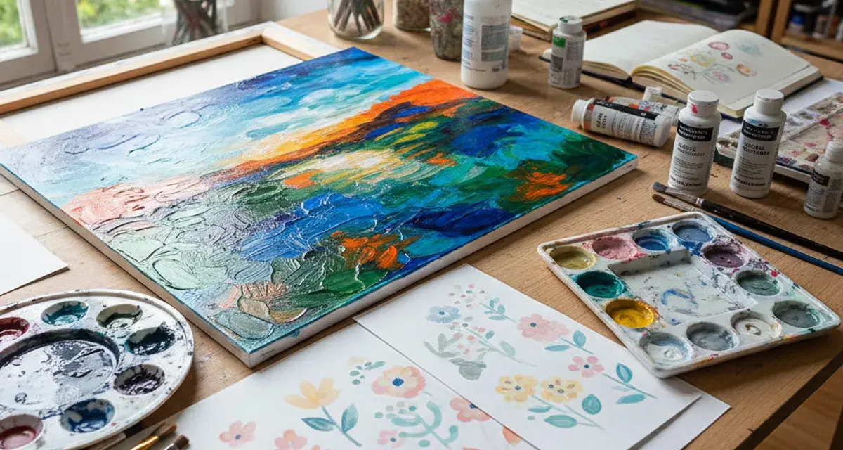 Un tableau de type peinture, aux couleurs vives et texturées, est posé sur un bureau d'artiste, entouré de palettes, de pinceaux et de carnets.