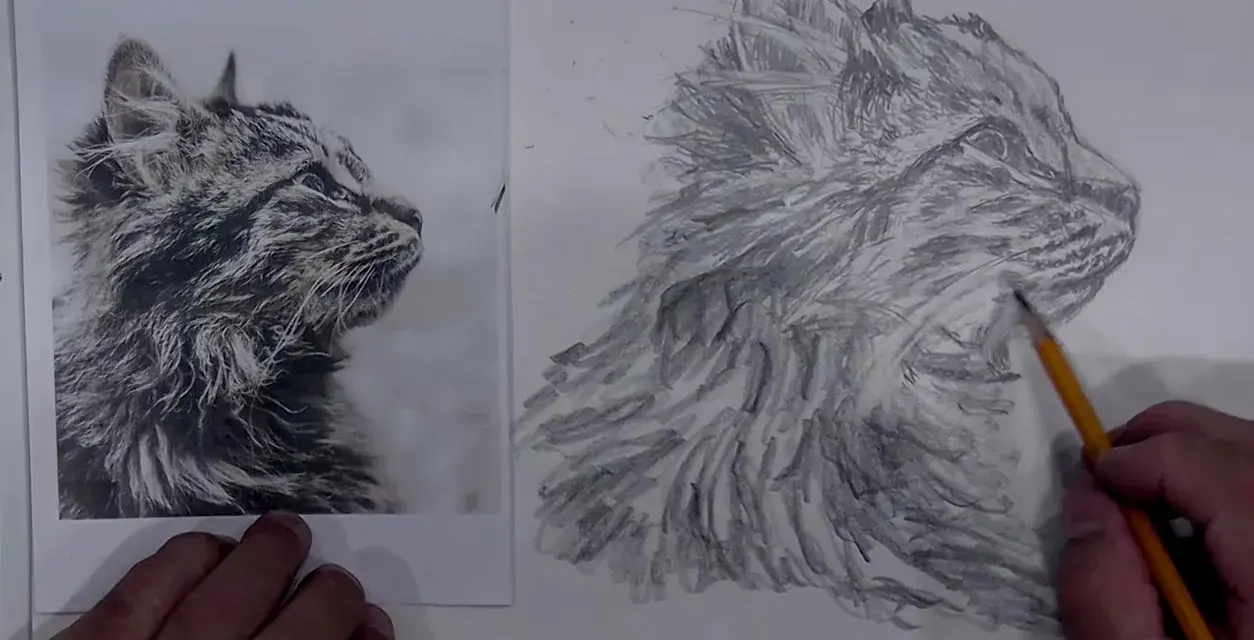 Un artiste commence à peindre un dessin de chat, en s'inspirant d'une photo. Le portrait prend vie sous ses doigts.