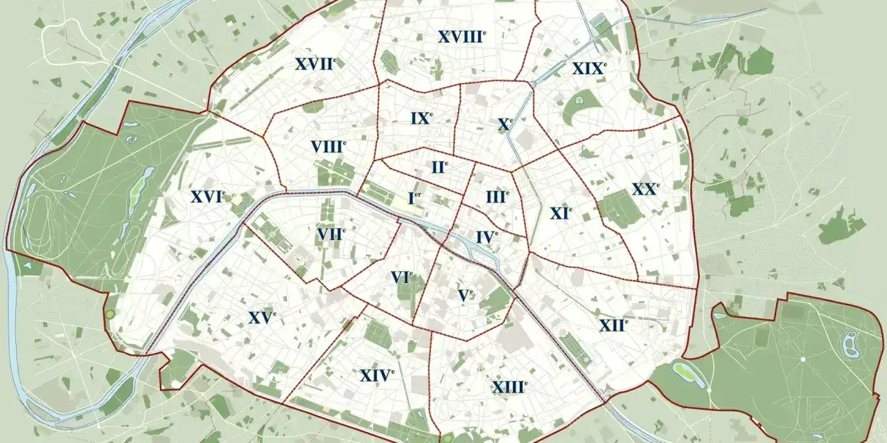 Mapa Paryża z zaznaczonymi dzielnicami (arrondissements). Plan pomoże Ci zdecydować, gdzie spać w Paryżu, wybierając najlepszą lokalizację.